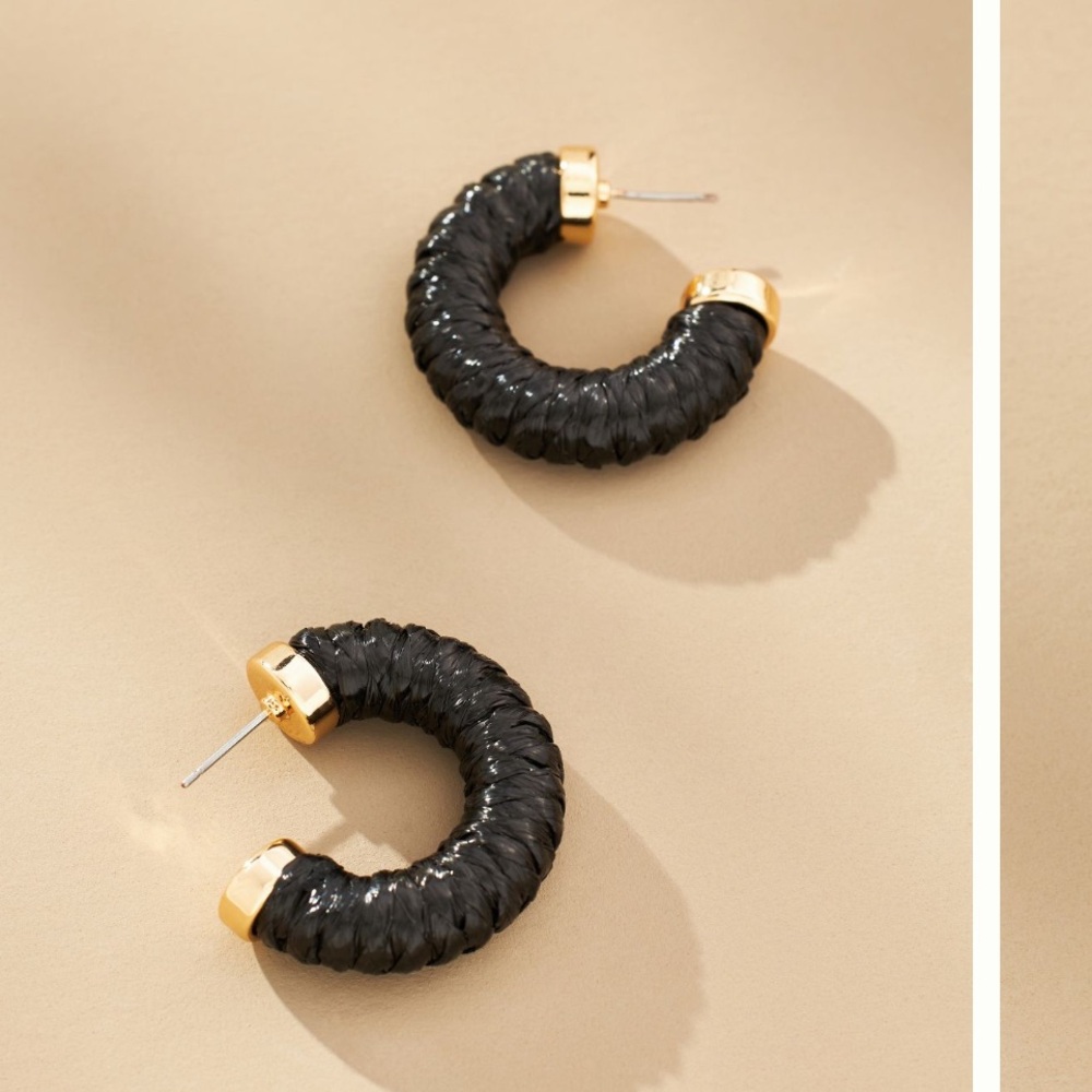 Anthropologie Small Black Rafia Hoop Earrings